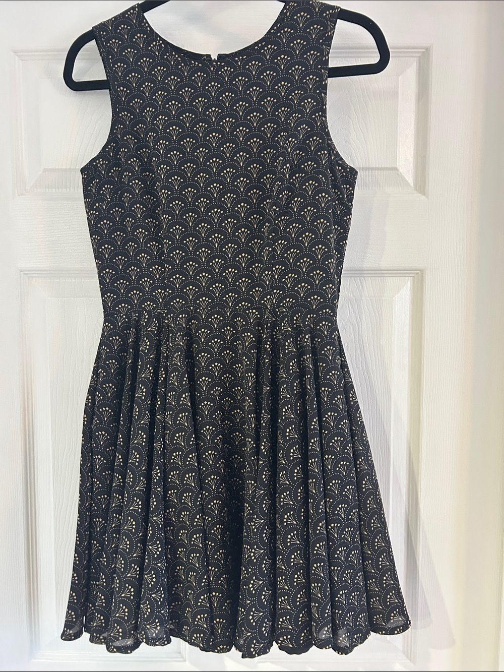 Maison Jules sz small Black Fit-and-Flare Sleeveless Dress with Gold Fan Pattern